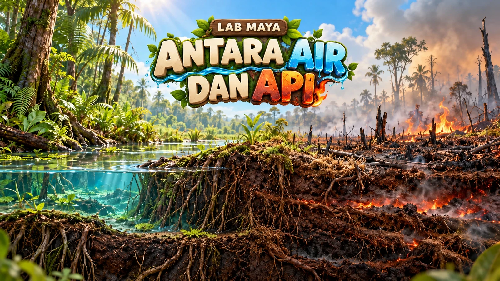 Lab Maya: Antara Air dan Api. Lanskap gambut basah dan area kering dengan bara serta kabut.